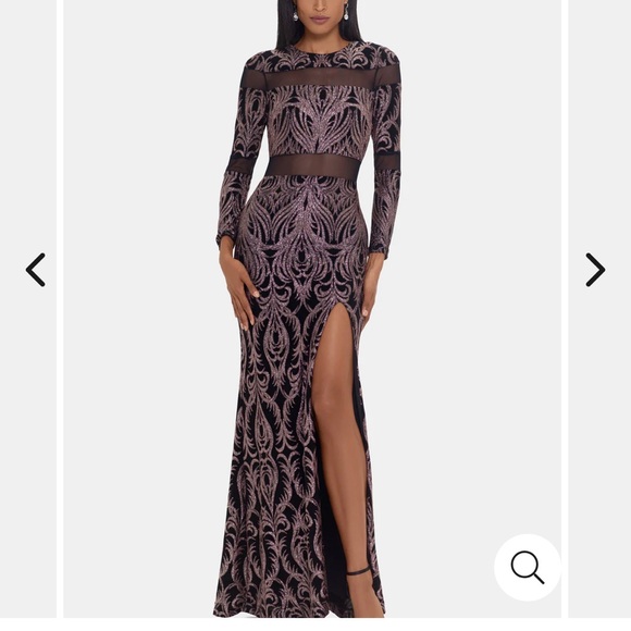 Betsy & Adam Long Sleeve Illusion Slinky Glitter Gown - Picture 2 of 2